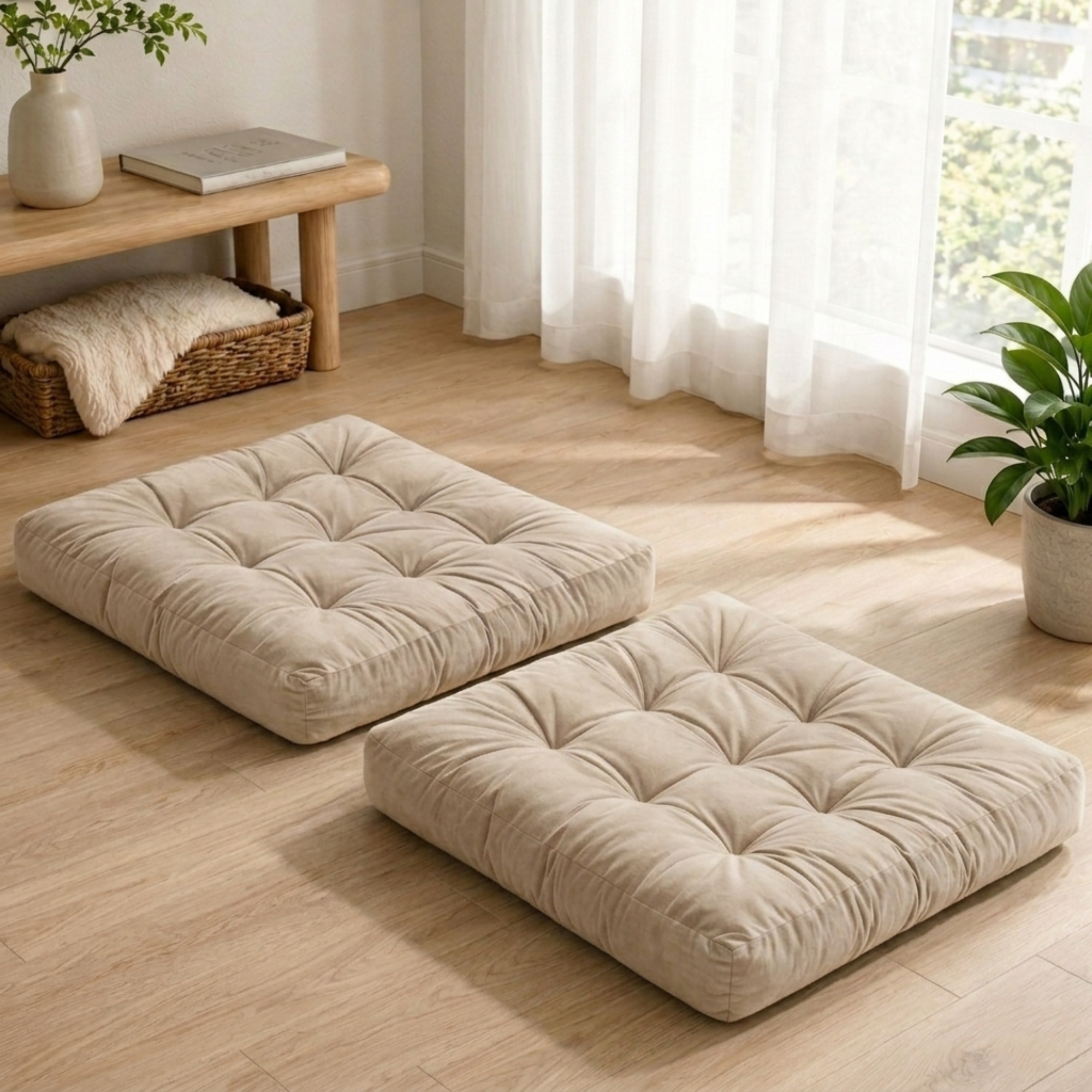 Beige Velvet Floor Pillow Set of 2