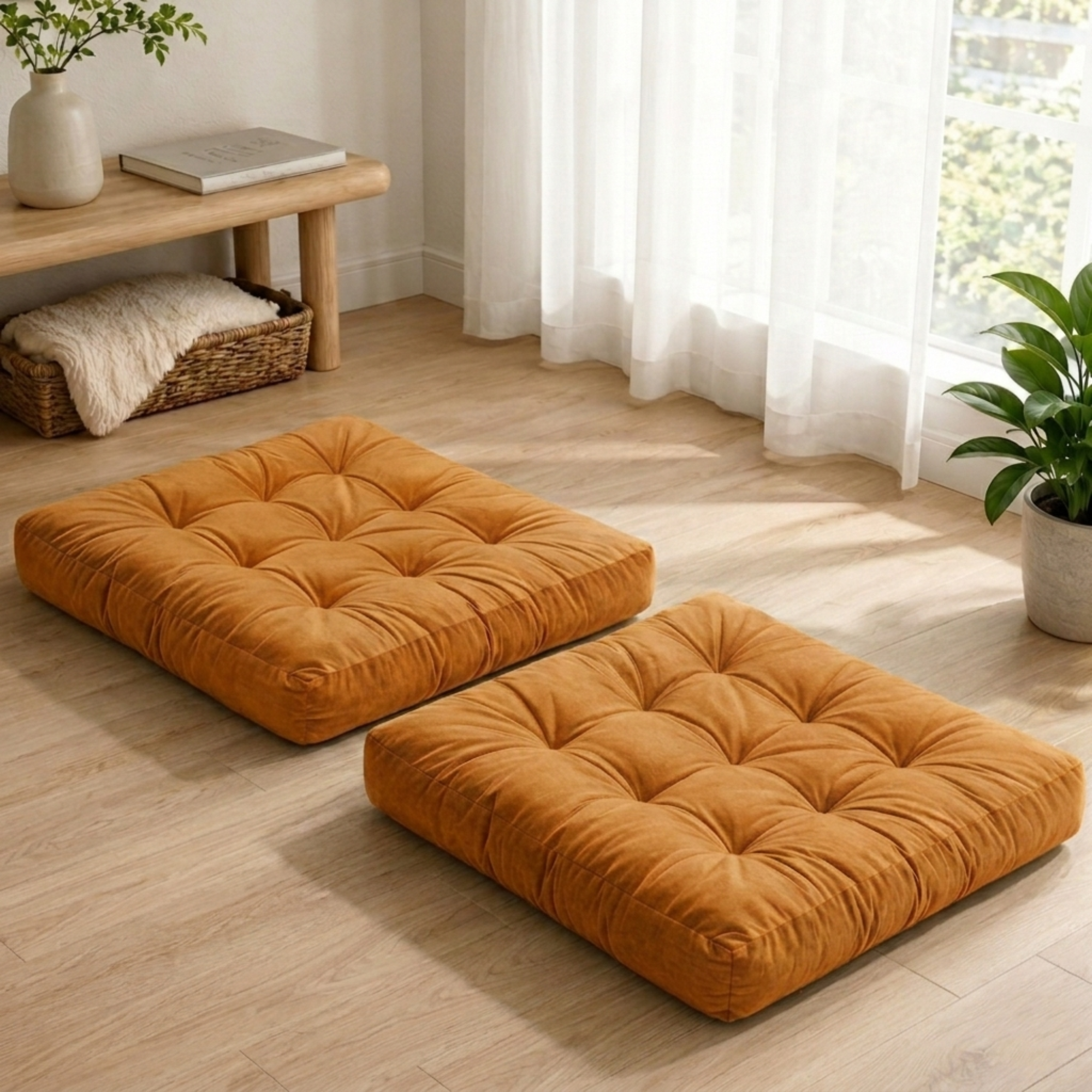Orange Velvet Floor Pillow Set of 2