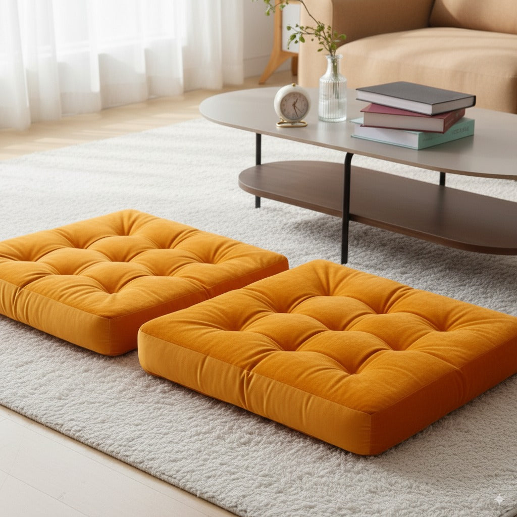 Orange Velvet Floor Pillow Set of 2